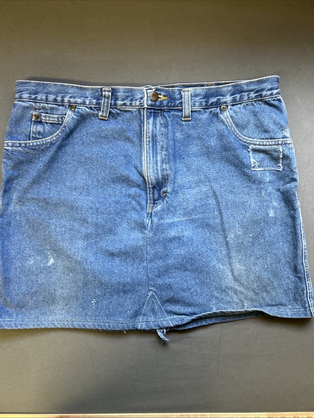 Double Knot Jean Skirt Women's 40 x 32 Blue Denim Knee Length Zip Fly Pockets Y2
